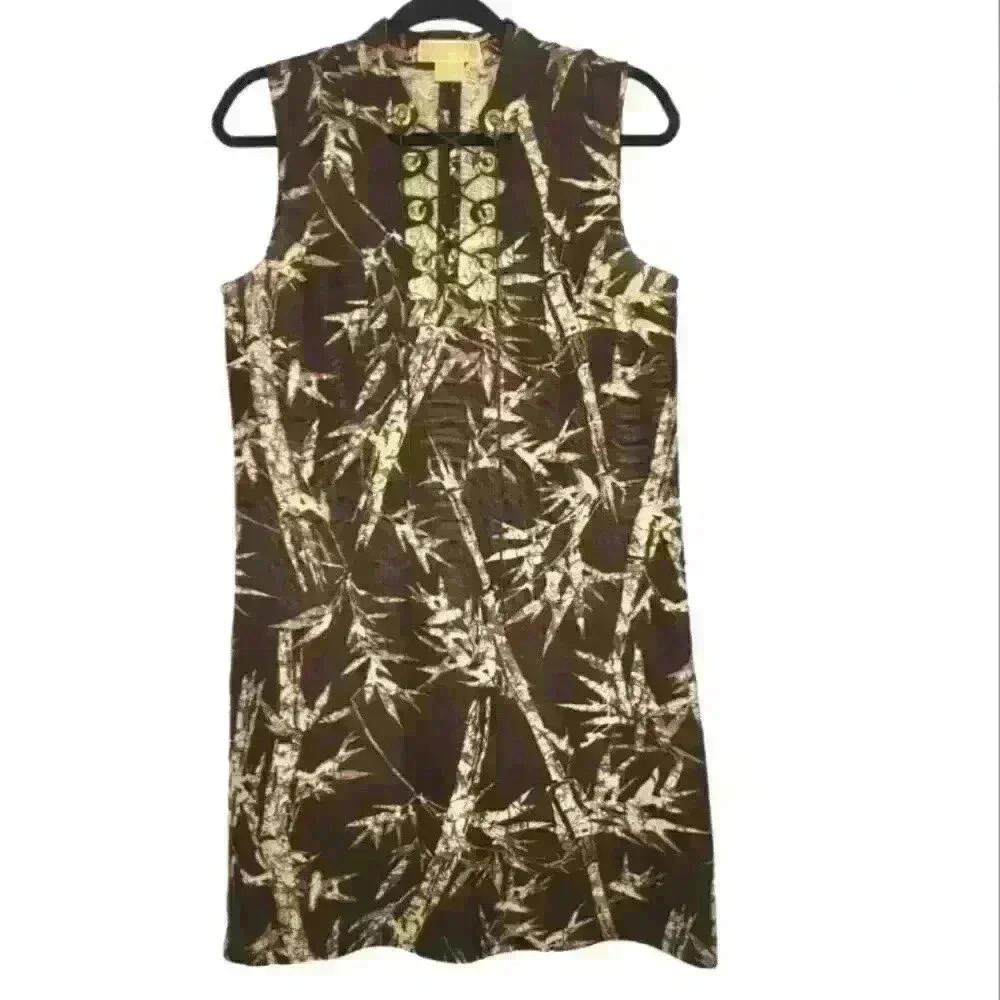 Michael Michael Kors Lace Up Front‎ Sleeveless Tropical Linen Print Shift Dress.